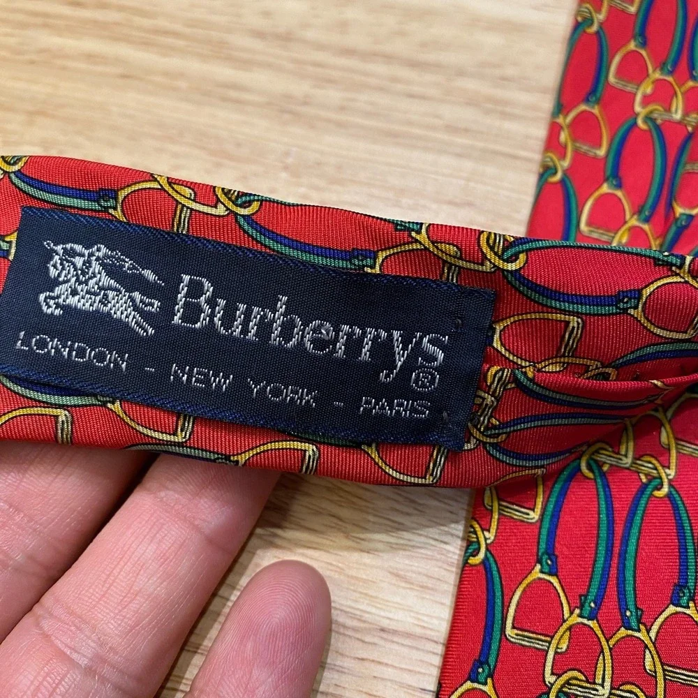 Burberrys Necktie Tie Mens Red Horse Bit Print Equestrian Silk Old Money USA VTG